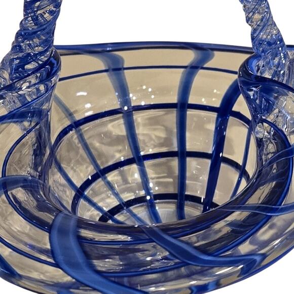 Vintage Hand-Blown Art Glass Basket Blue & Clear Swirl w/Twisted Handle - Picture 7 of 7